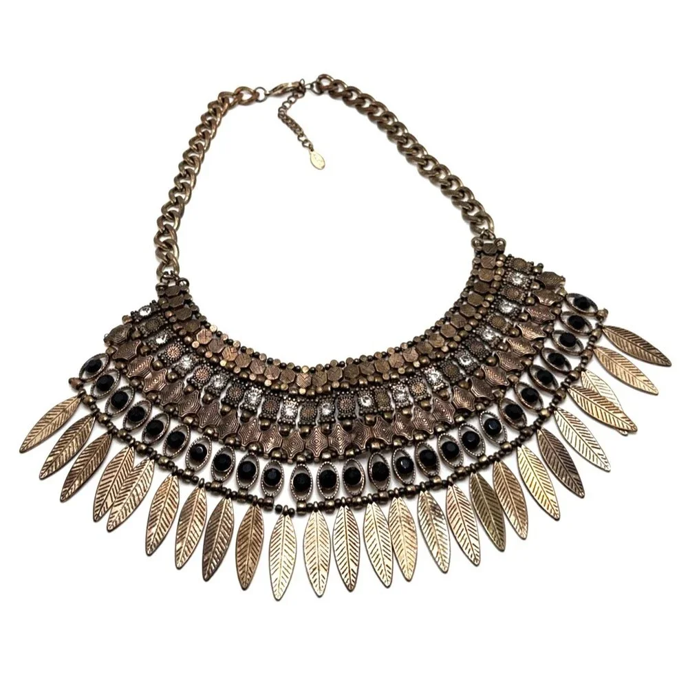 ALDO Boho Statement Bib Necklace Leaf Fringe Distressed Gold Tone Tribal Collar